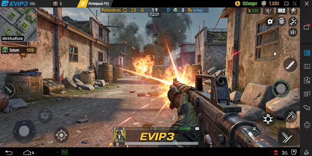 Screenshot gameplay EVIP3 dengan pertempuran FPS yang intens.