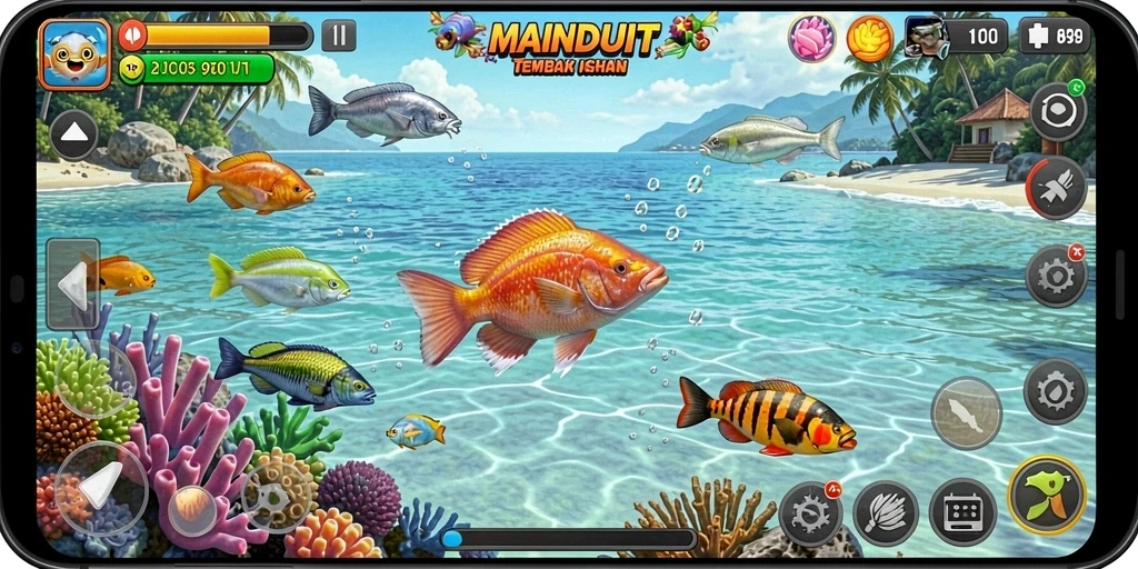 Gameplay seru dalam MAINDUIT dengan aksi menembak ikan.