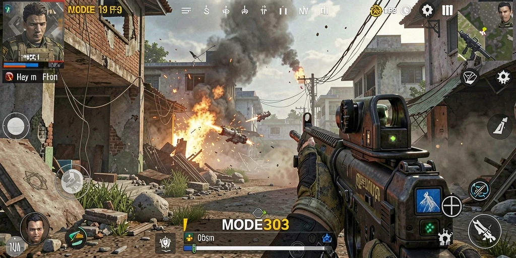 Screenshot utama MODE303 menampilkan aksi tembak-menembak yang intens.