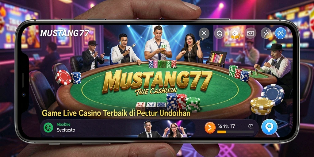 Screenshot gameplay MUSTANG77 menampilkan dealer Live Casino yang profesional.