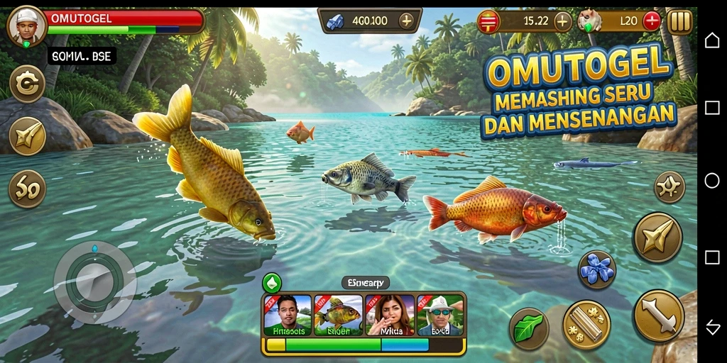 Screenshot gameplay OMUTOGEL dengan pemandangan indah dan aksi memancing.