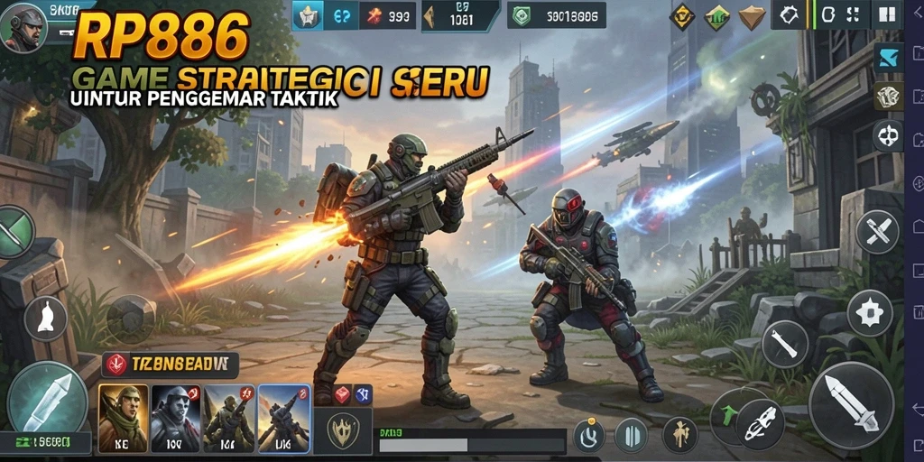 Screenshot utama dari gameplay RP886 yang menampilkan pertarungan strategis.