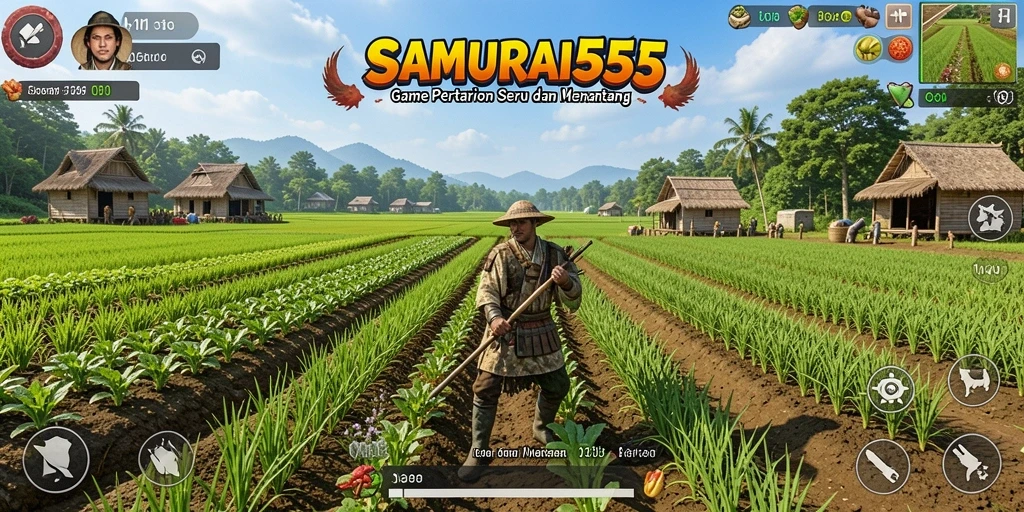 Tangkapan layar gameplay SAMURAI555 yang menampilkan lahan pertanian yang subur.