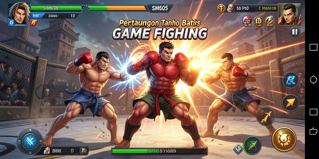Screenshot utama SM605 menampilkan aksi pertarungan yang intens.