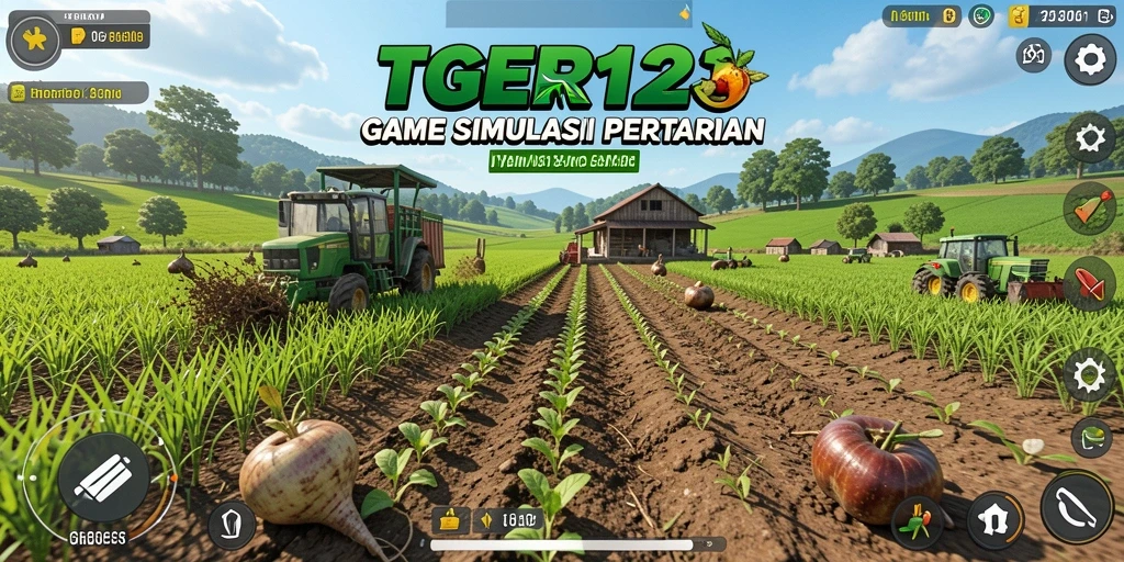 Screenshot gameplay TGER123 yang menunjukkan ladang yang subur dan hewan ternak.