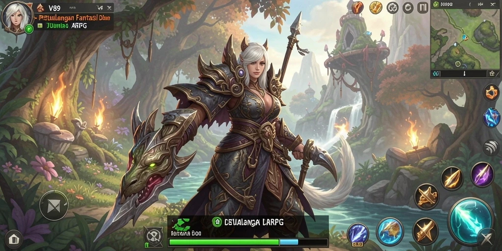 Gameplay V89 yang epik dengan pertarungan seru dan sihir mendebarkan.